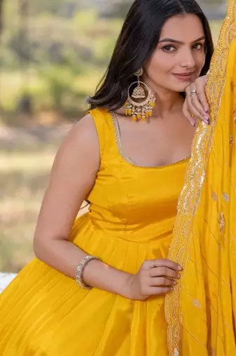 Yellow plain silk stitched anarkali kurta set with dupatta