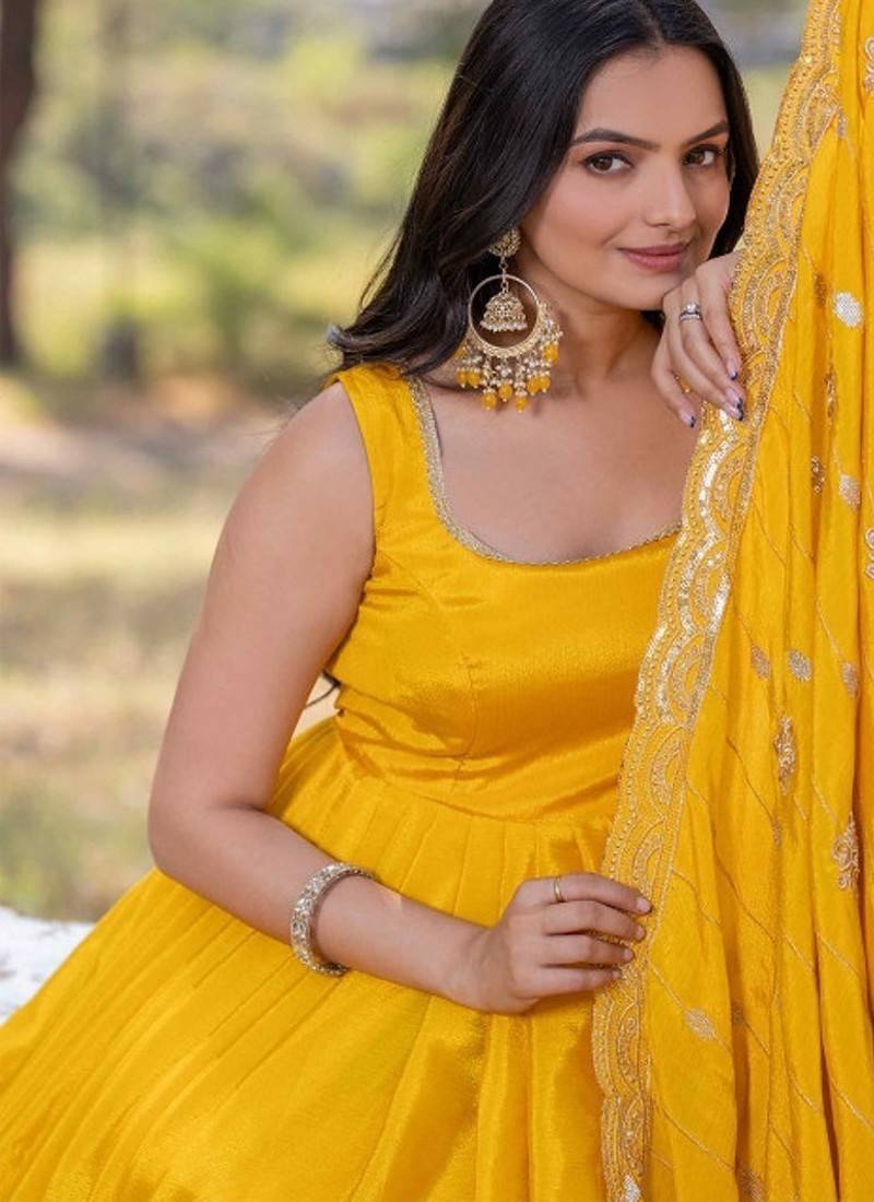Yellow plain silk stitched anarkali kurta set with dupatta