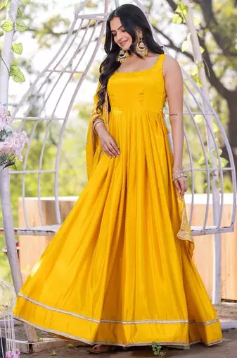 Yellow plain silk stitched anarkali kurta set with dupatta