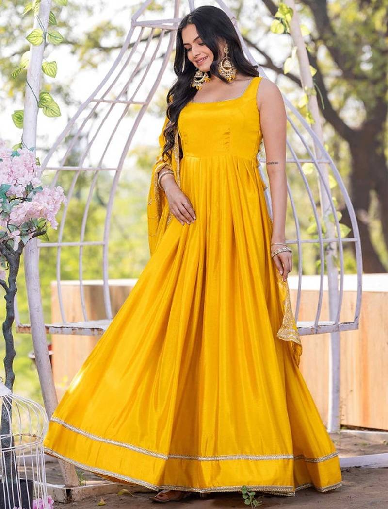Yellow plain silk stitched anarkali kurta set with dupatta