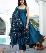 Teal plain satin stitched anarkali kurta set with trouser & dupatta