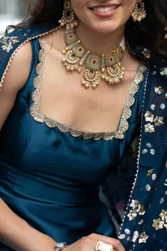 Teal plain satin stitched anarkali kurta set with trouser & dupatta