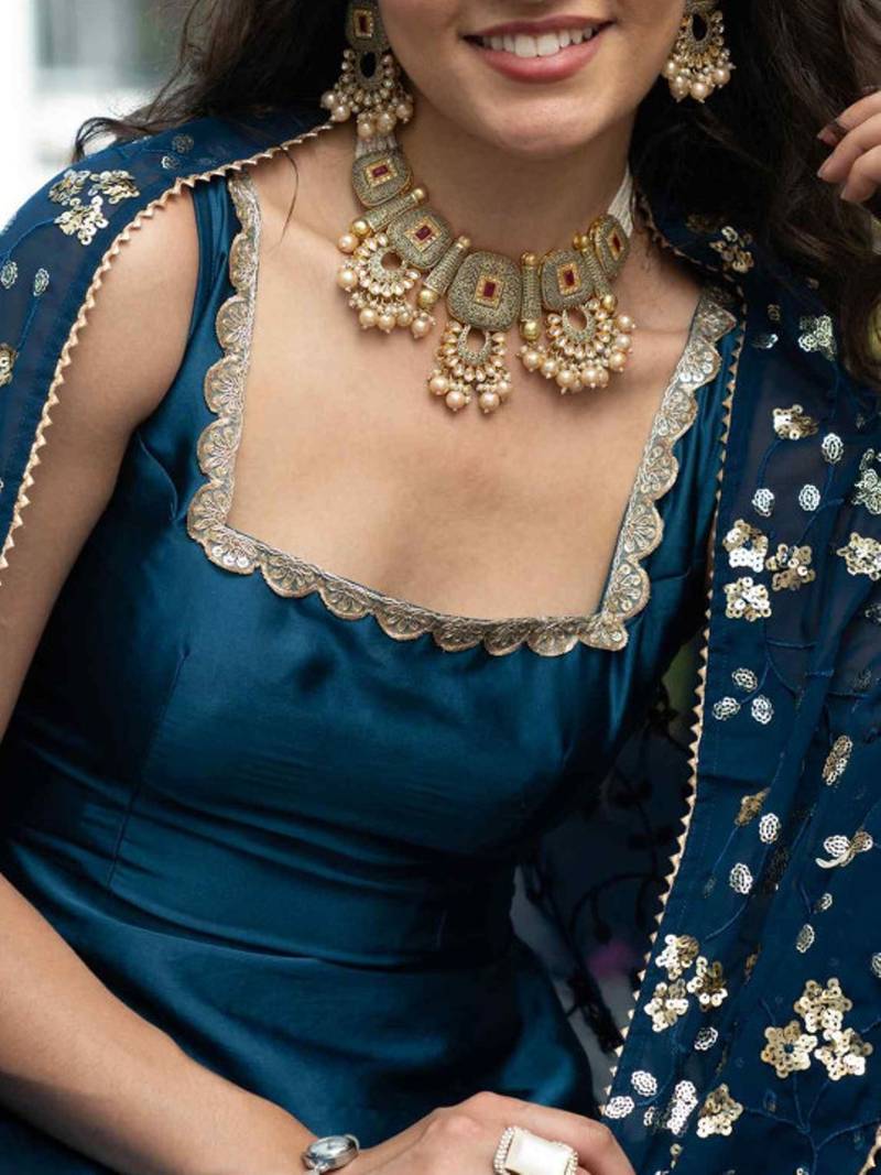 Teal plain satin stitched anarkali kurta set with trouser & dupatta