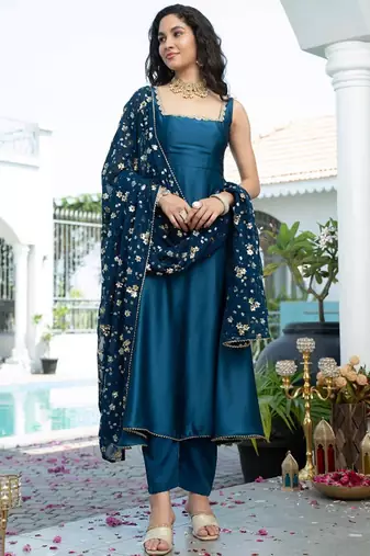 Teal plain satin stitched anarkali kurta set with trouser & dupatta