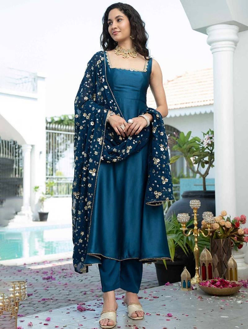 Teal plain satin stitched anarkali kurta set with trouser & dupatta