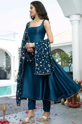 Teal plain satin stitched anarkali kurta set with trouser & dupatta