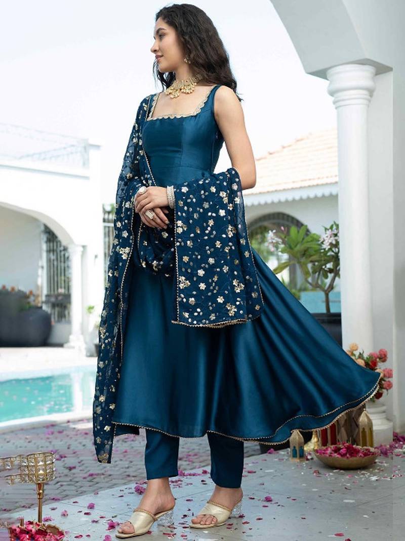 Teal plain satin stitched anarkali kurta set with trouser & dupatta