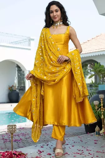 Yellow plain satin stitched anarkali kurta set with trouser & dupatta