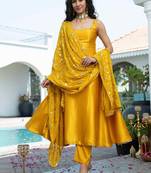 Yellow plain satin stitched anarkali kurta set with trouser & dupatta