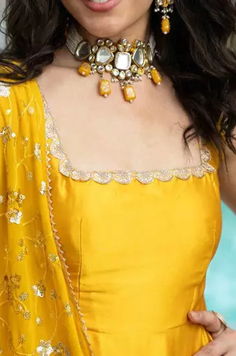 Yellow plain satin stitched anarkali kurta set with trouser & dupatta