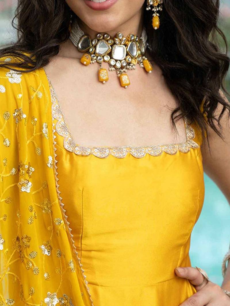 Yellow plain satin stitched anarkali kurta set with trouser & dupatta
