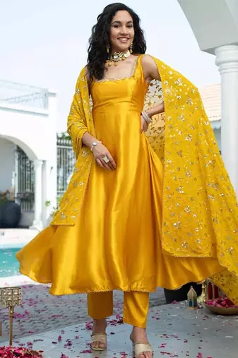 Yellow plain satin stitched anarkali kurta set with trouser & dupatta