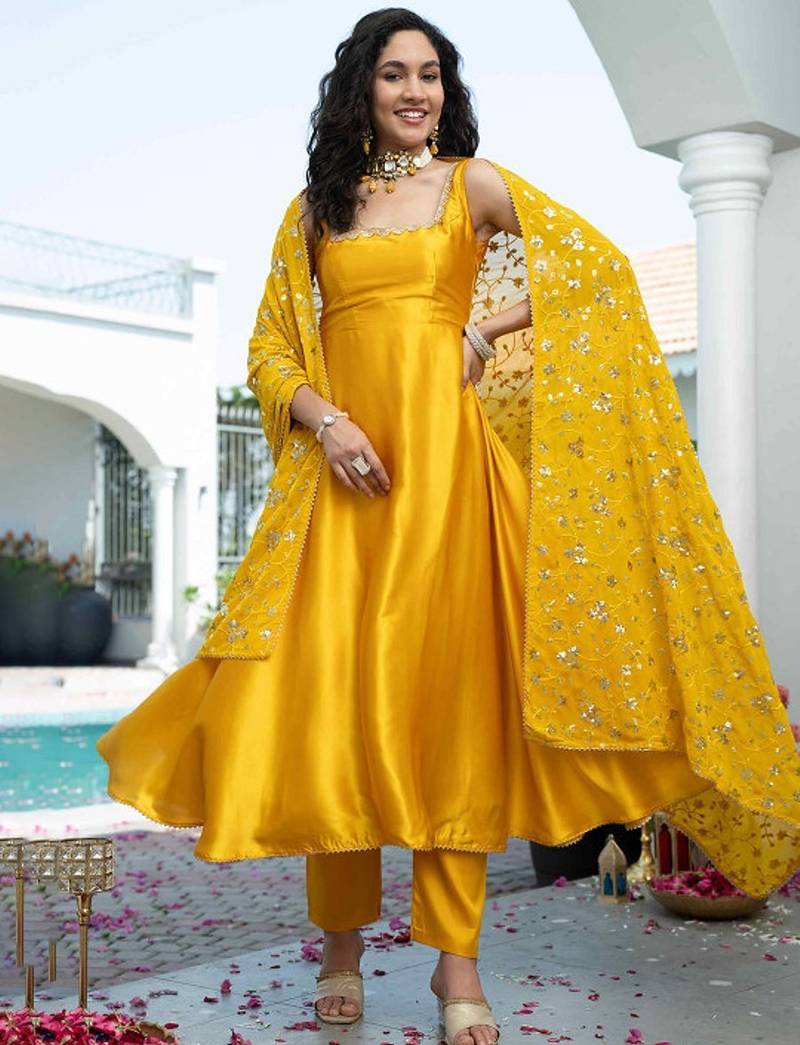 Yellow plain satin stitched anarkali kurta set with trouser & dupatta