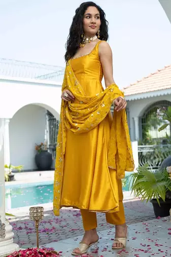 Yellow plain satin stitched anarkali kurta set with trouser & dupatta
