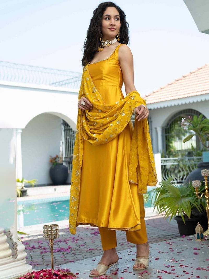 Yellow plain satin stitched anarkali kurta set with trouser & dupatta