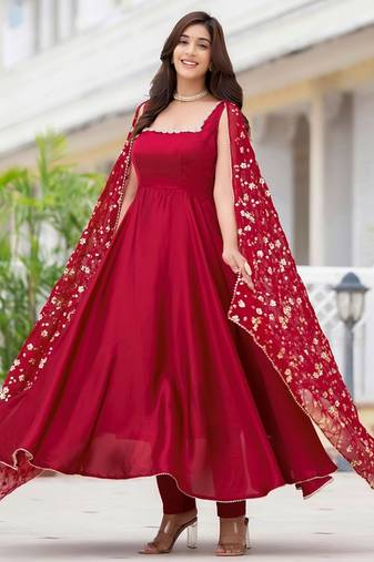 Maroon plain satin stitched anarkali kurta set with trouser & dupatta