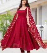 Maroon plain satin stitched anarkali kurta set with trouser & dupatta
