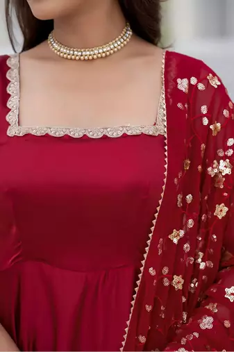 Maroon plain satin stitched anarkali kurta set with trouser & dupatta