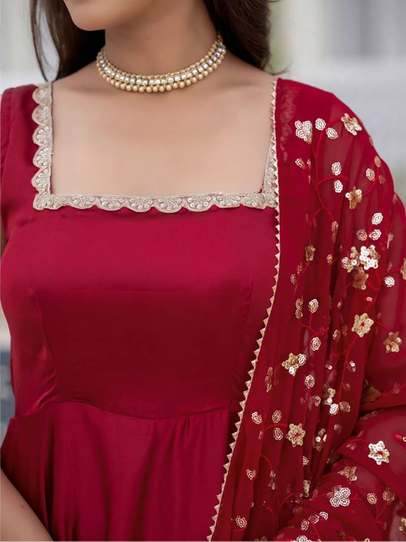 Maroon plain satin stitched anarkali kurta set with trouser & dupatta