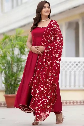 Maroon plain satin stitched anarkali kurta set with trouser & dupatta