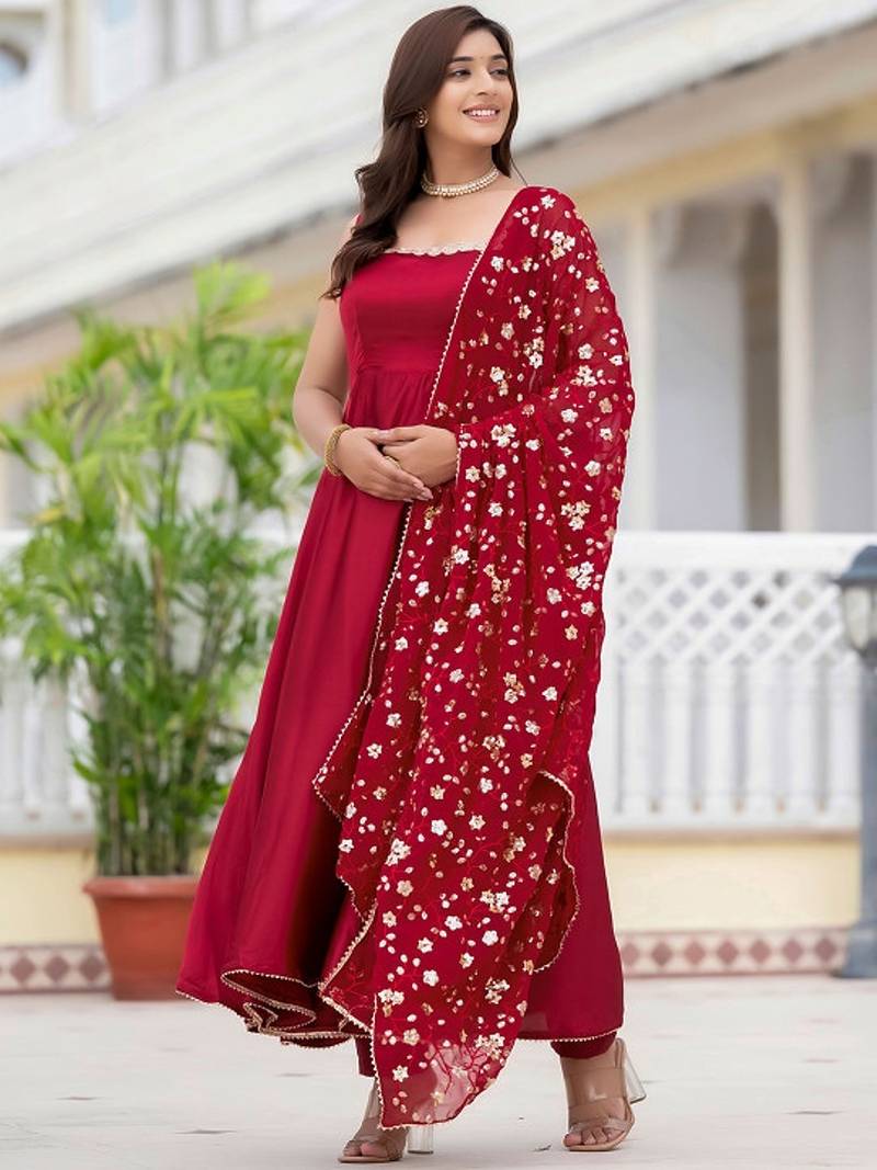 Maroon plain satin stitched anarkali kurta set with trouser & dupatta