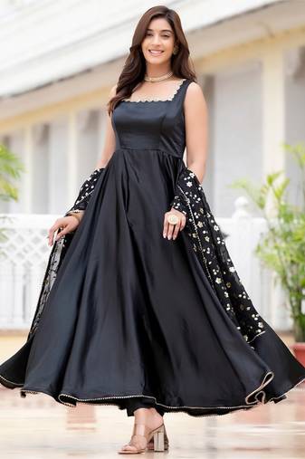 Black plain satin stitched anarkali kurta set with trouser & dupatta