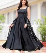 Black plain satin stitched anarkali kurta set with trouser & dupatta