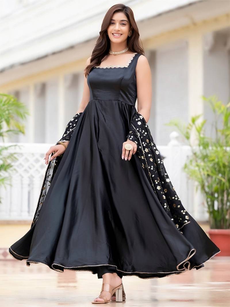 Black plain satin stitched anarkali kurta set with trouser & dupatta