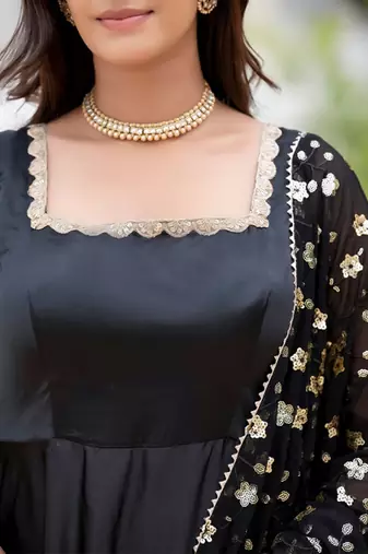 Black plain satin stitched anarkali kurta set with trouser & dupatta