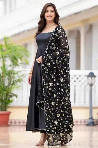 Black plain satin stitched anarkali kurta set with trouser & dupatta