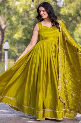 Green plain silk stitched anarkali kurta set with dupatta