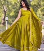 Green plain silk stitched anarkali kurta set with dupatta