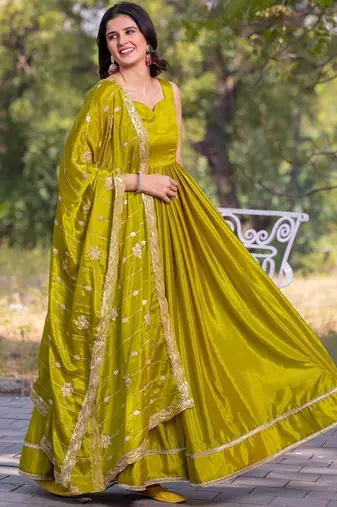 Green plain silk stitched anarkali kurta set with dupatta