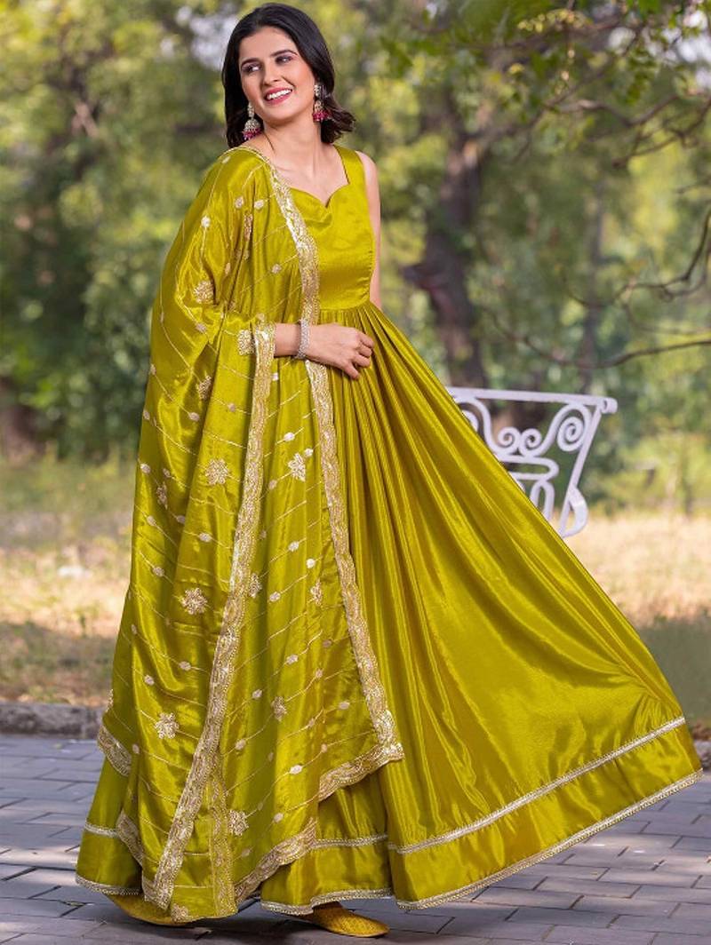 Green plain silk stitched anarkali kurta set with dupatta