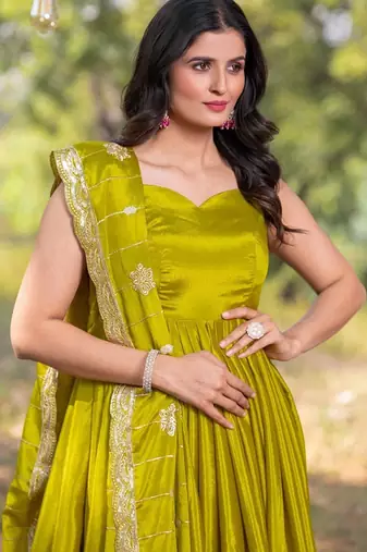 Green plain silk stitched anarkali kurta set with dupatta