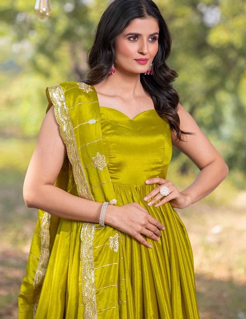 Green plain silk stitched anarkali kurta set with dupatta