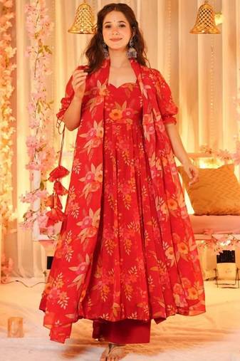 Red floral printed organza stitched anarkali palazzo kurta set with dupatta