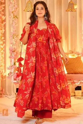 Red floral printed organza stitched anarkali palazzo kurta set with dupatta