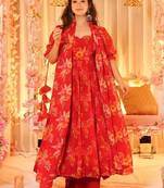 Red floral printed organza stitched anarkali palazzo kurta set with dupatta