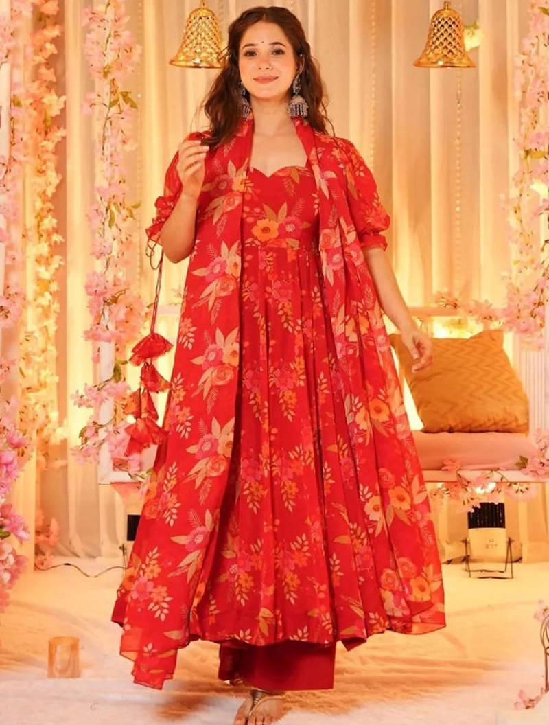 Red floral printed organza stitched anarkali palazzo kurta set with dupatta