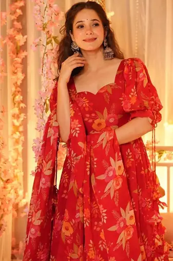 Red floral printed organza stitched anarkali palazzo kurta set with dupatta