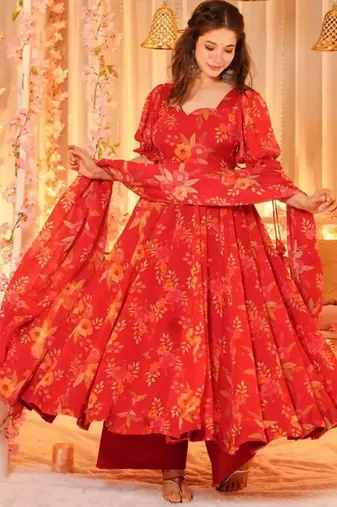 Red floral printed organza stitched anarkali palazzo kurta set with dupatta