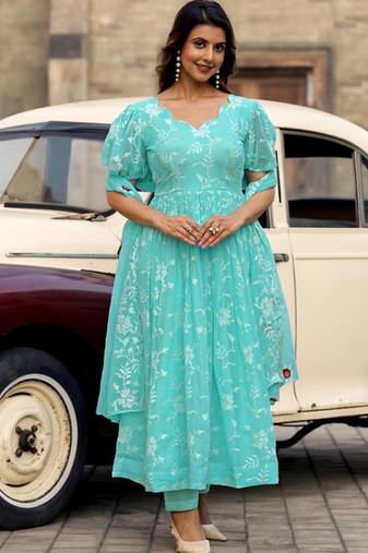 Aqua floral embroidered georgette stitched anarkali kurta set with trouser & dupatta