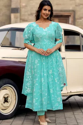 Aqua floral embroidered georgette stitched anarkali kurta set with trouser & dupatta