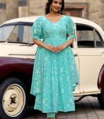 Aqua floral embroidered georgette stitched anarkali kurta set with trouser & dupatta