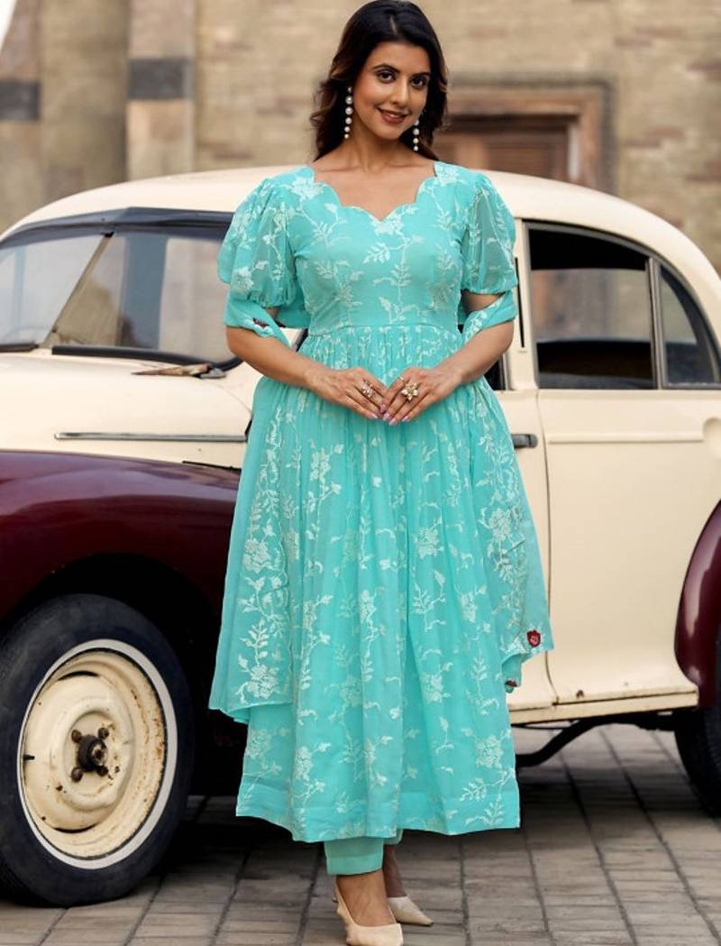 Aqua floral embroidered georgette stitched anarkali kurta set with trouser & dupatta