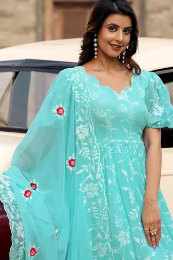 Aqua floral embroidered georgette stitched anarkali kurta set with trouser & dupatta