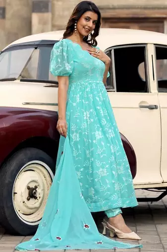 Aqua floral embroidered georgette stitched anarkali kurta set with trouser & dupatta