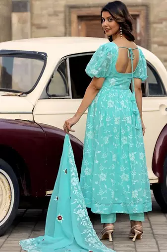 Aqua floral embroidered georgette stitched anarkali kurta set with trouser & dupatta