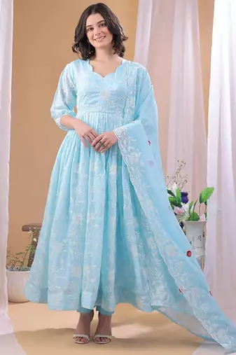 Blue floral embroidered georgette stitched anarkali churidar kurta set with dupatta